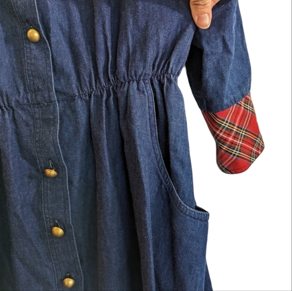 Vintage Sabino 80s Western Cotton Chambray Button Up Midi Plaid Shirt Dress 8 - Picture 12 of 14